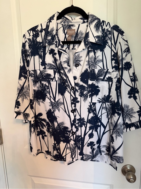 Chico's Tops - Chico's White Button-Down Top with Navy and White Palm Print